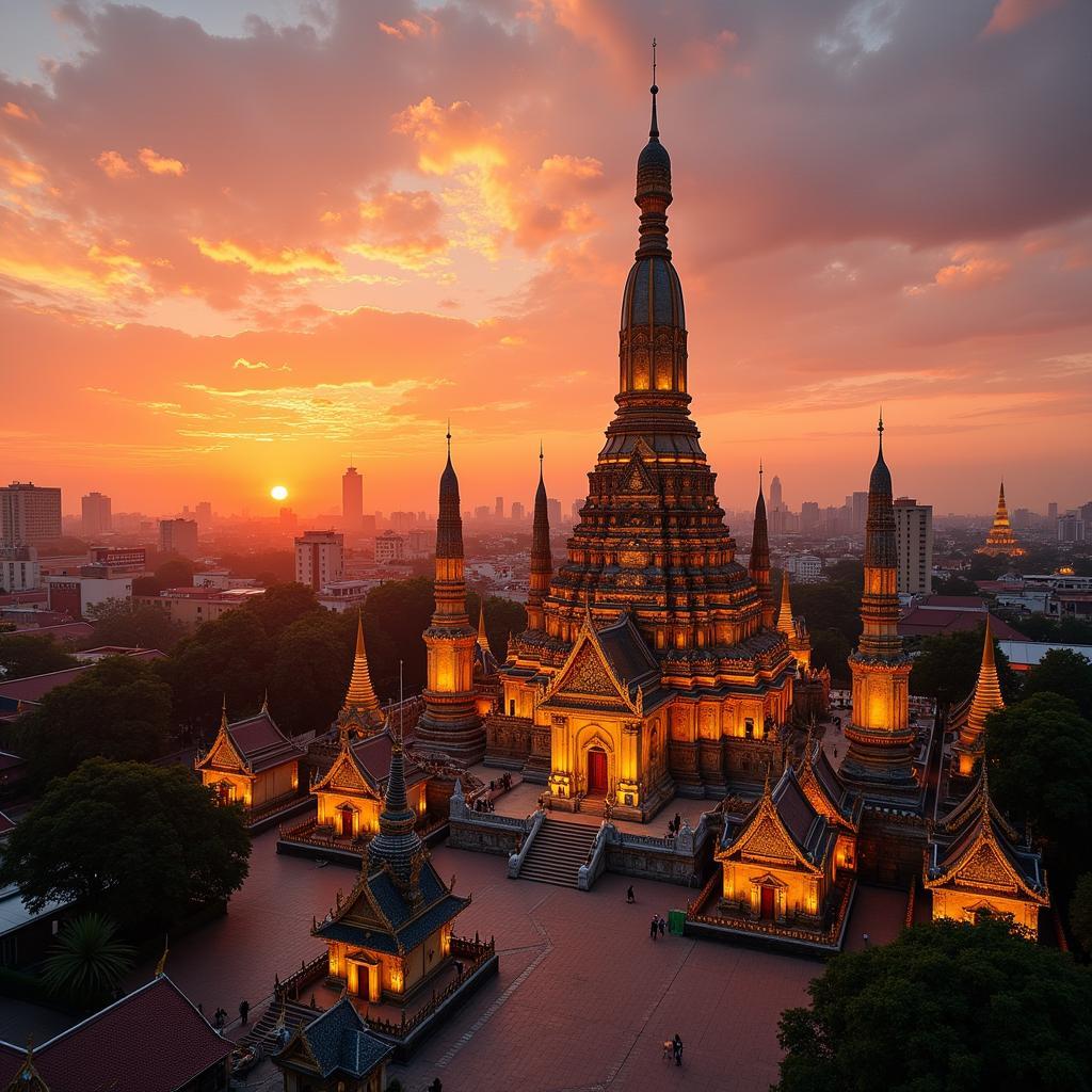 Chùa Wat Arun lung linh trong ánh hoàng hôn Bangkok