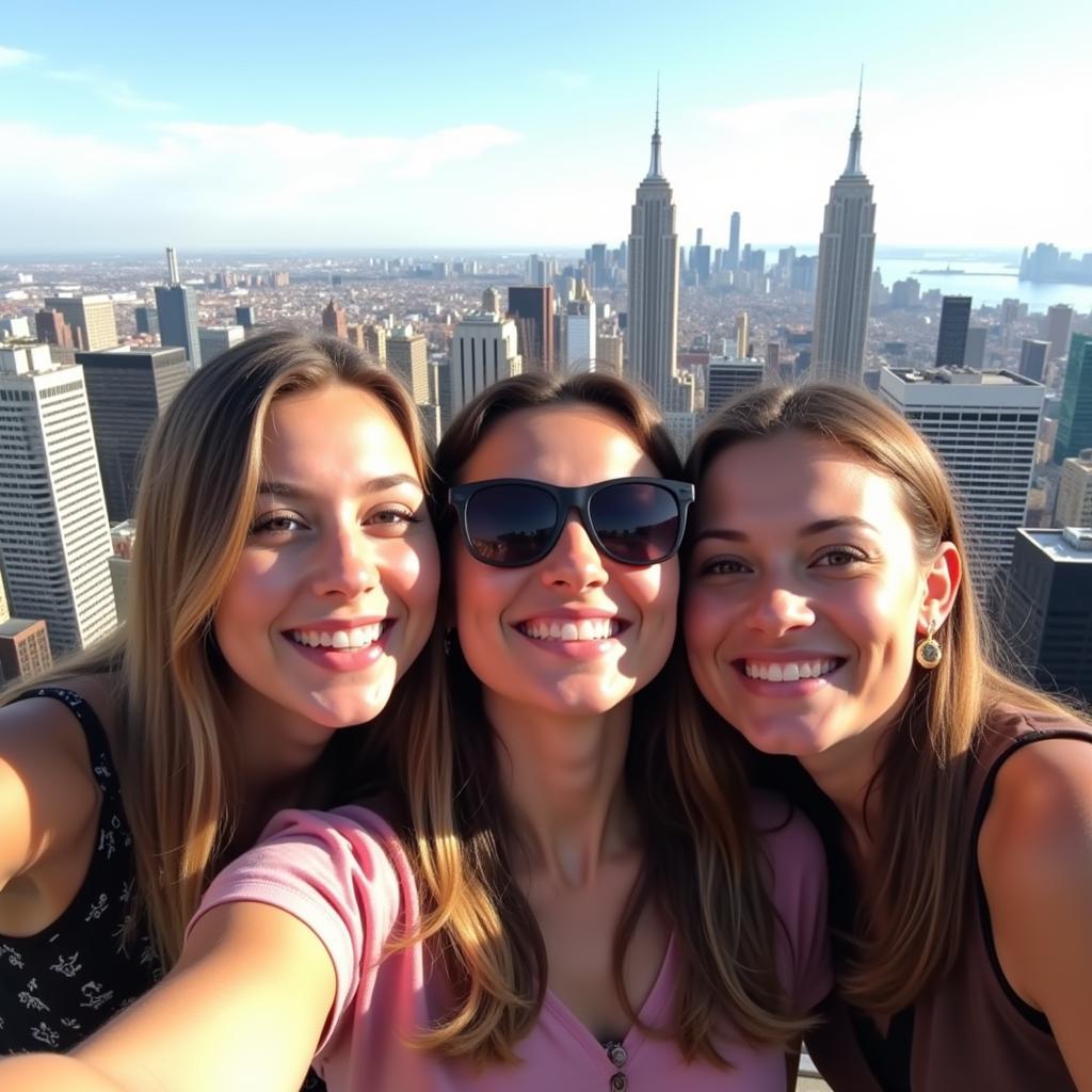 Three friends taking a selfie with a beautiful cityscape in the background