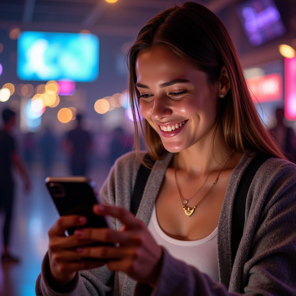 Girl playing dance game on smartphone