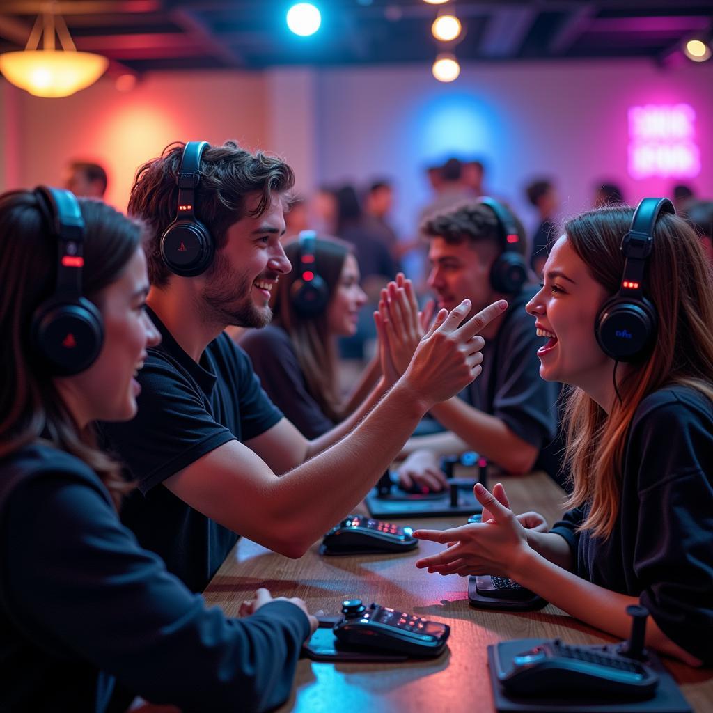 A group of gamers high-fiving and celebrating a victory