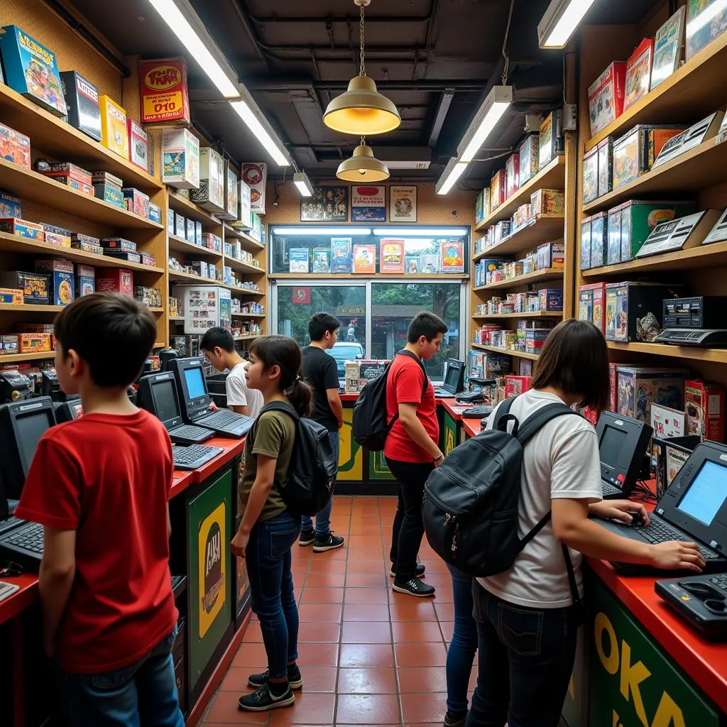 A bustling game store in Hanoi selling 4-button game consoles.