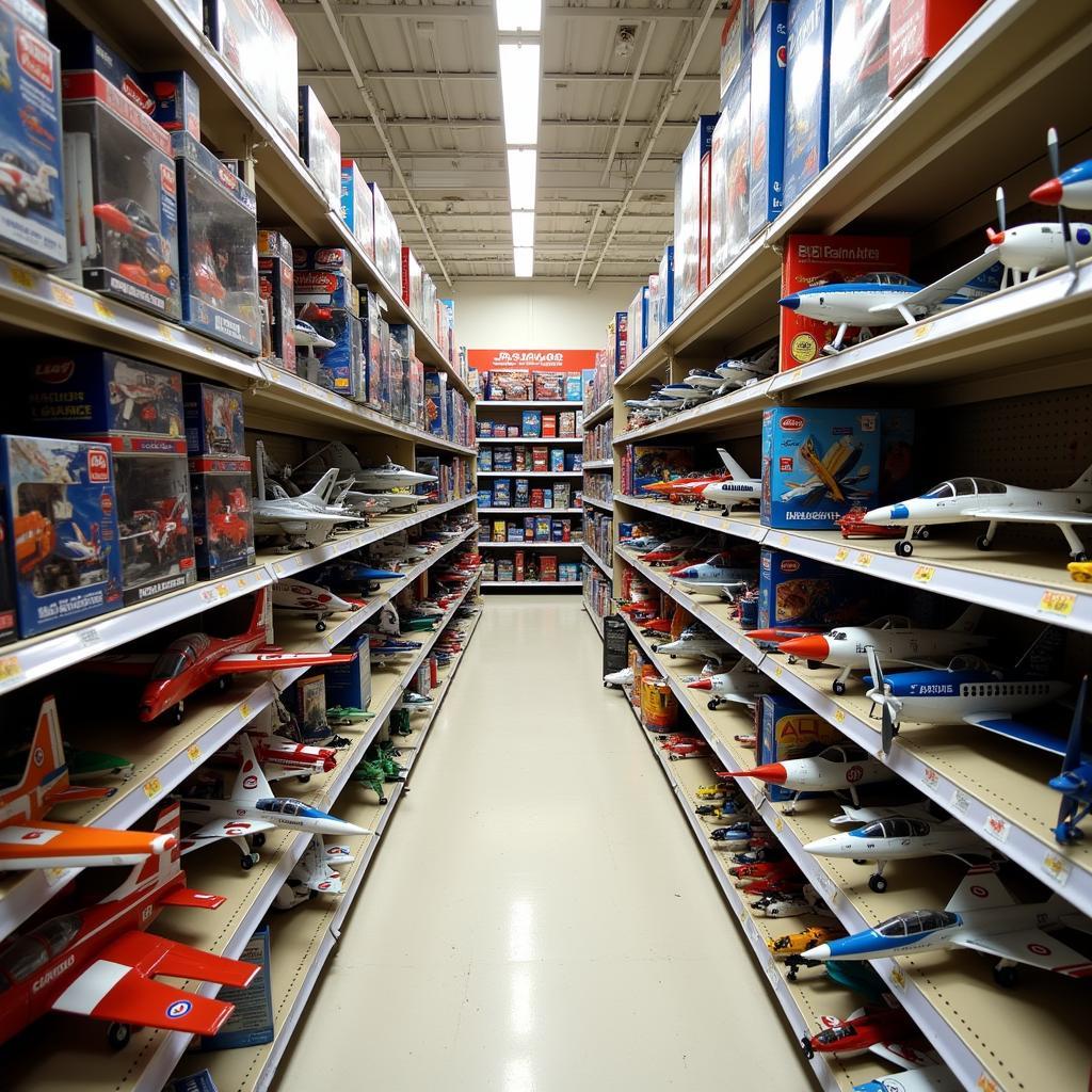 Toy store aisle filled with toy fighter planes