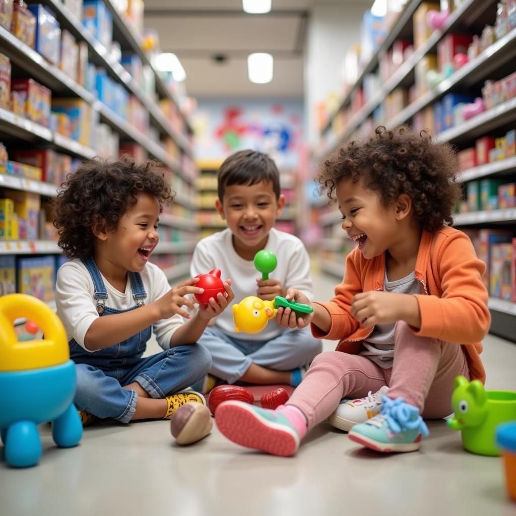 Happy children playing in a toy store.