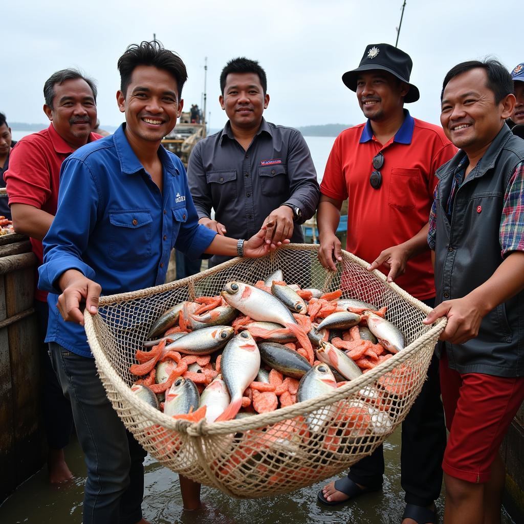 Người dân làng chài Bình Đại đang thu hoạch hải sản