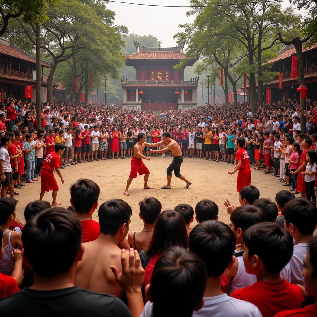 Hình ảnh người dân tham gia trò chơi đấu vật và kéo co ngày Tết