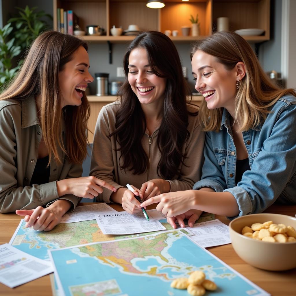 Group of friends having fun planning a trip together