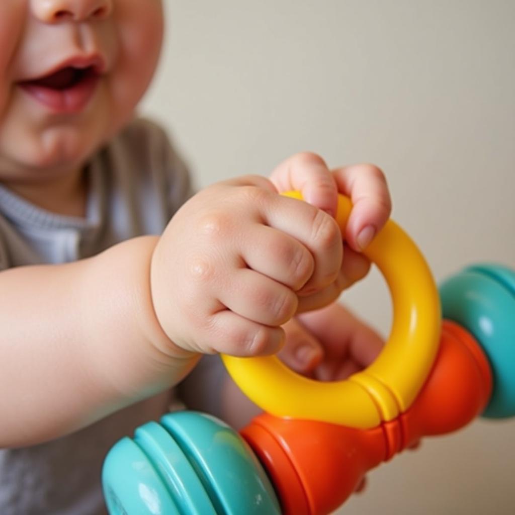 Baby holding colorful rattle toy