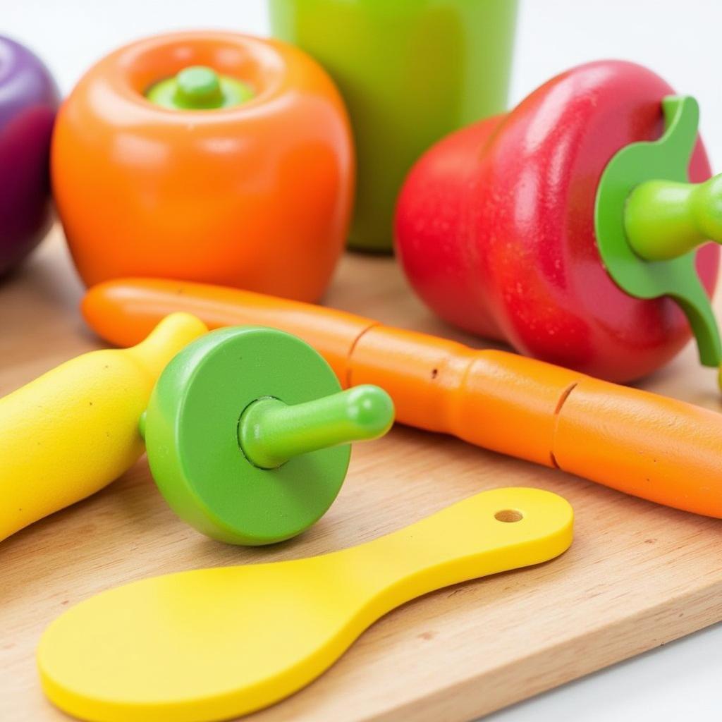 Colorful wooden toy fruits and vegetables on a table