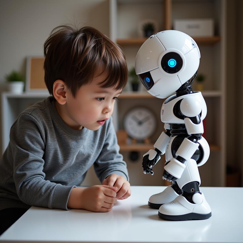 A child playing with a high-tech robot toy in their play area