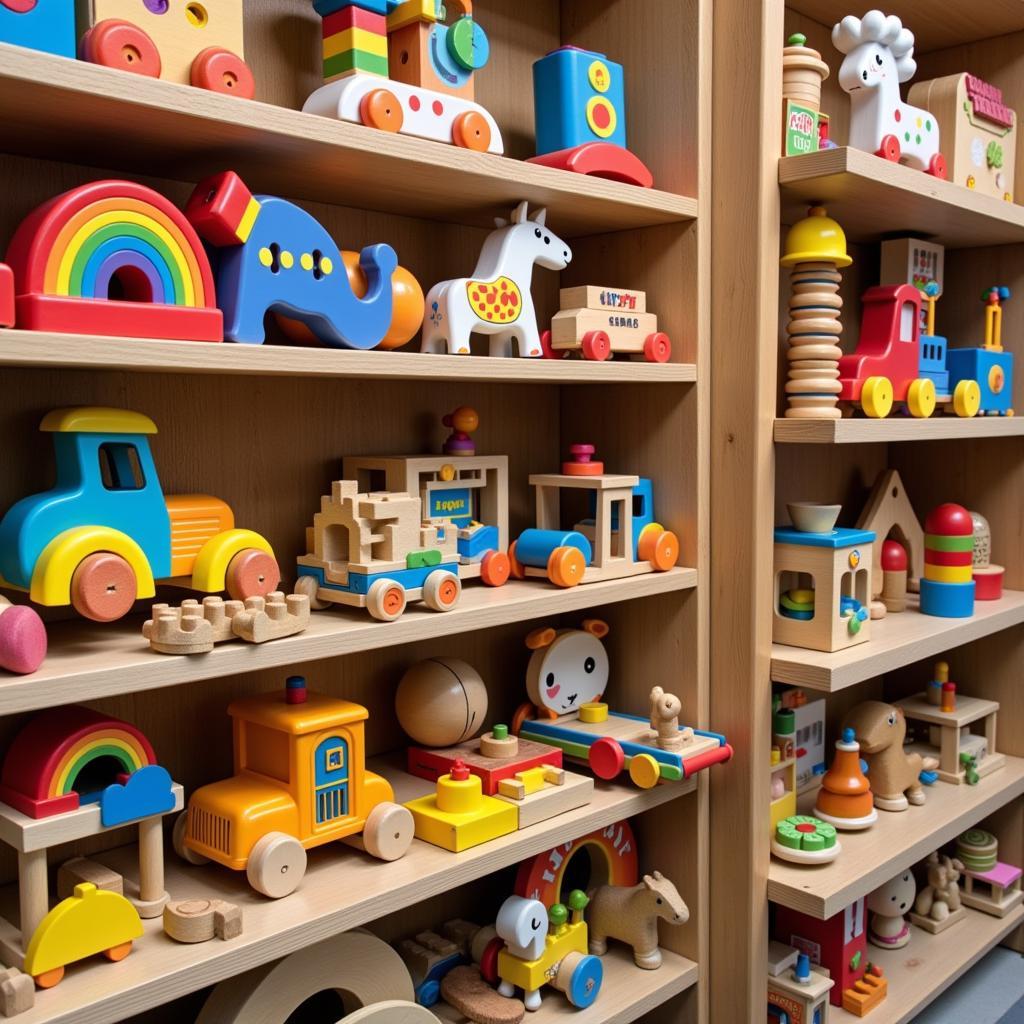 Wooden toys on shelves