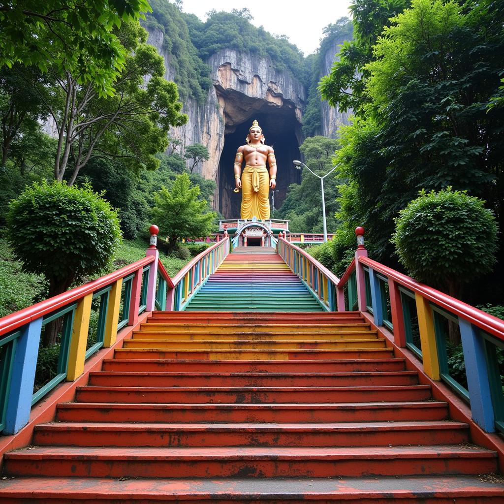 Cầu thang lên Động Batu với tượng thần Murugan