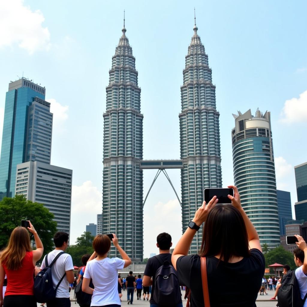 Tourists taking photos at Petronas Twin Towers