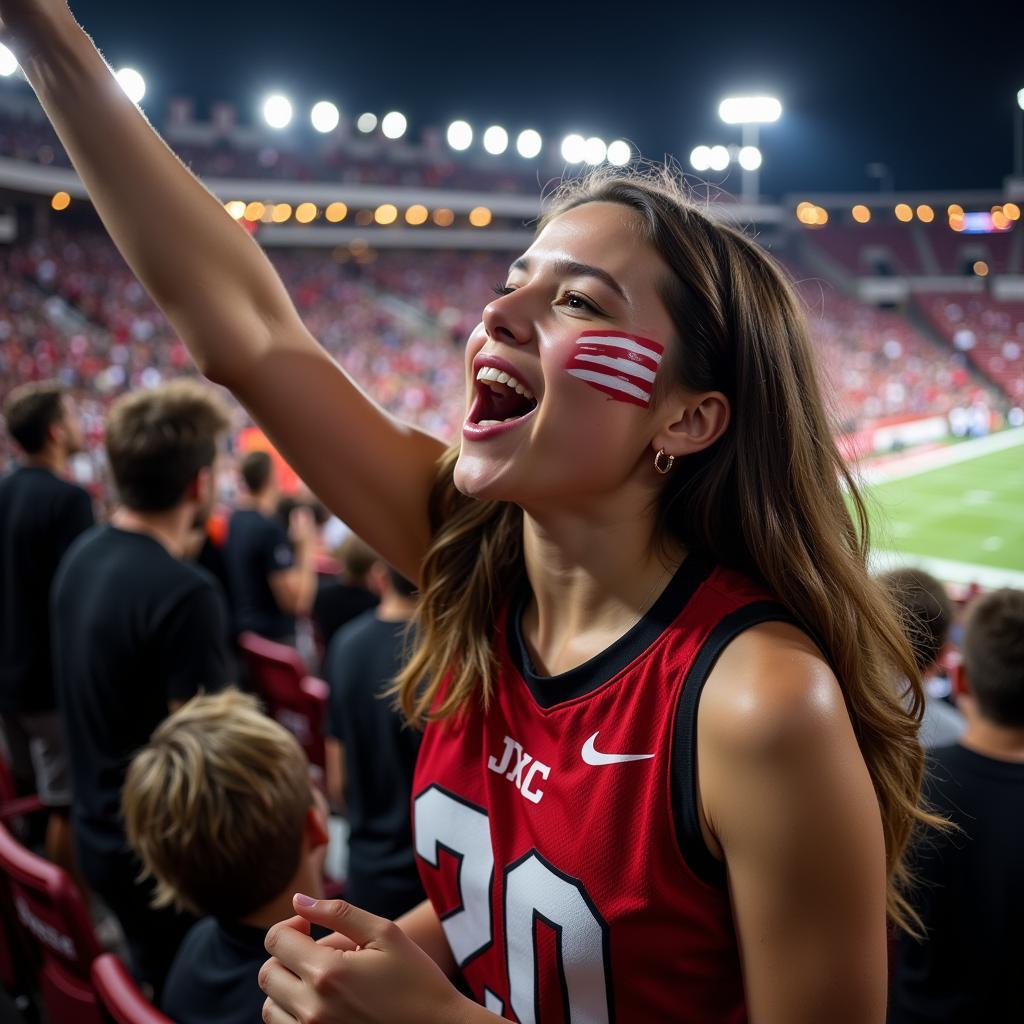 Excited fan cheering in a packed stadium