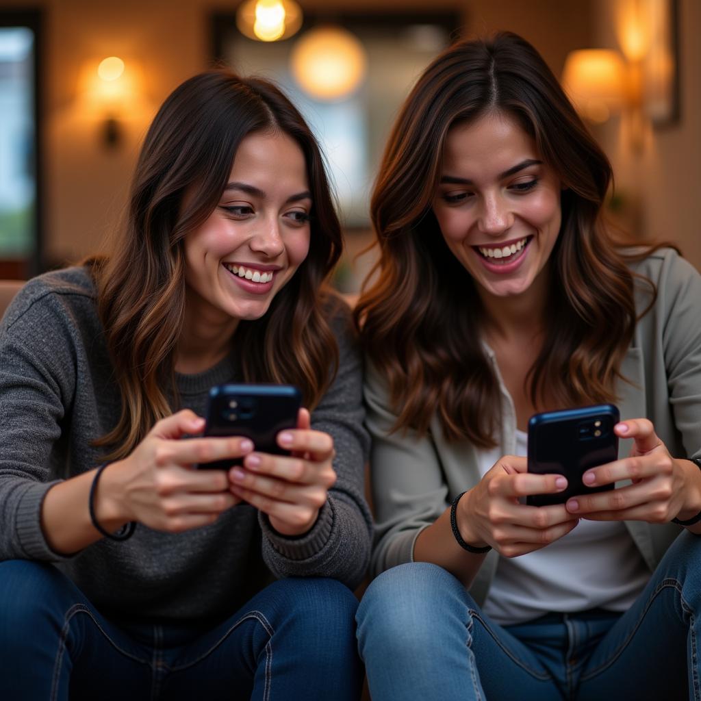 Two people playing a mobile game together