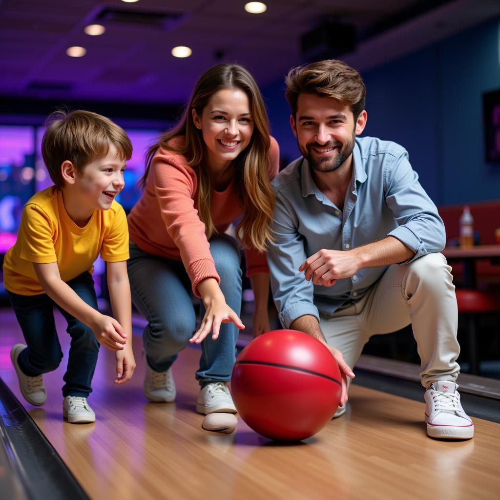 Gia đình vui vẻ chơi bowling