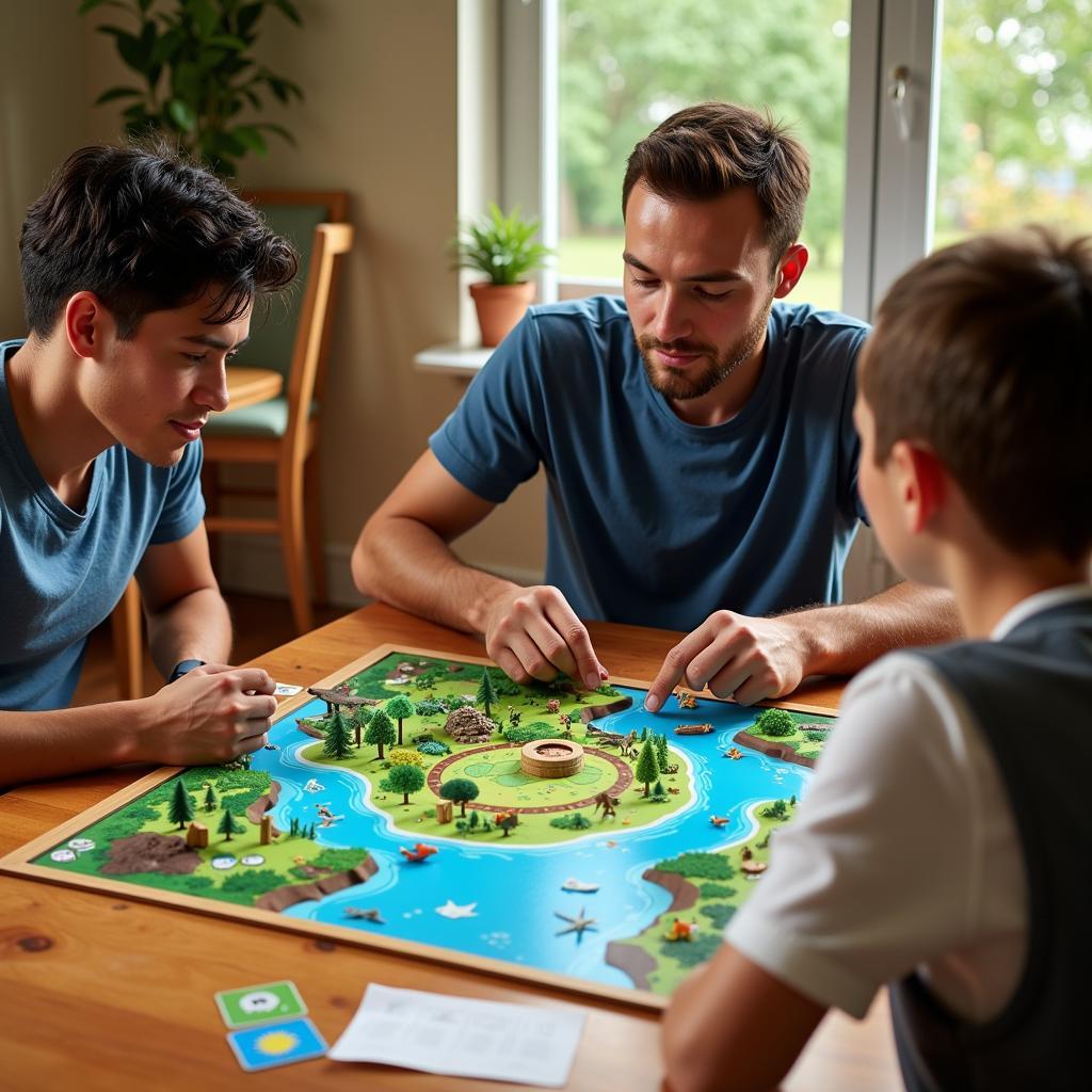 Cả gia đình cùng nhau chơi trò chơi board game về chủ đề bảo vệ môi trường