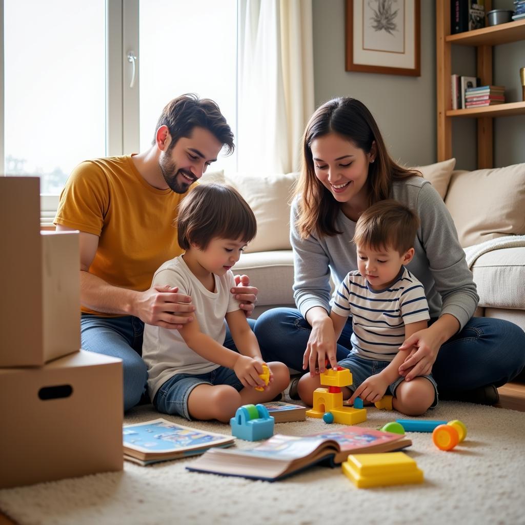 A family cleaning their living room together