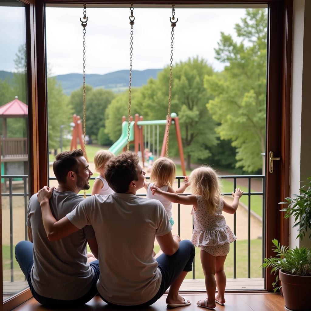 Family enjoying their balcony with a playground view