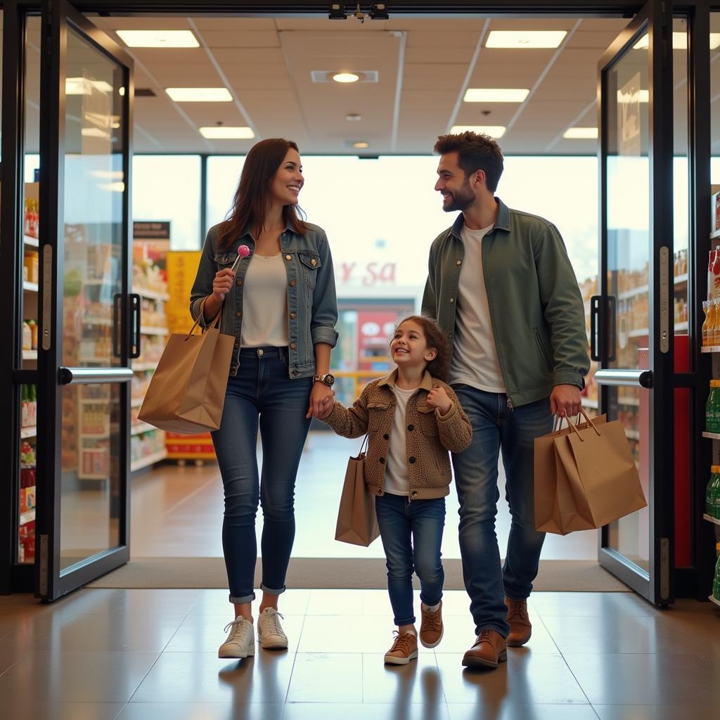 A happy family exits the supermarket after a fun shopping trip