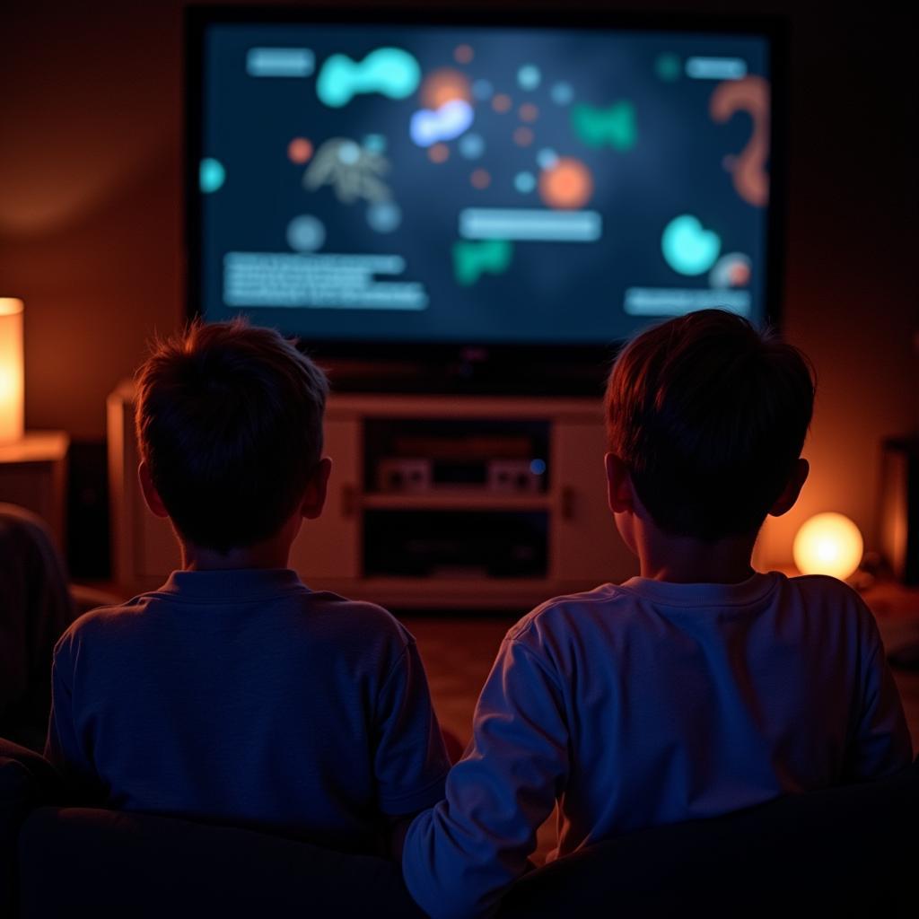 Two friends are playing video games together at home. They are sitting on a couch in a living room, and they are both looking intently at the television screen. The room is dimly lit, and the only light is coming from the television and a few lamps.