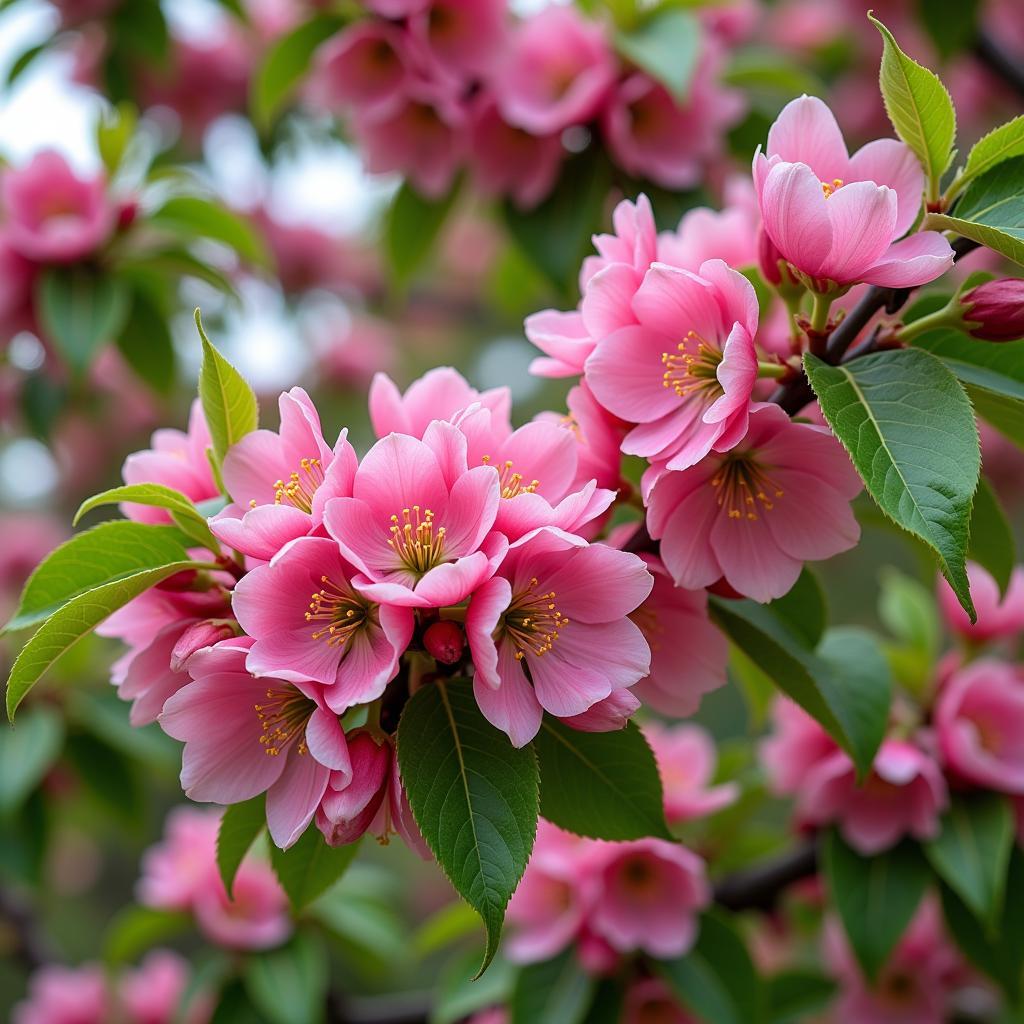 Pink peach blossoms in full bloom