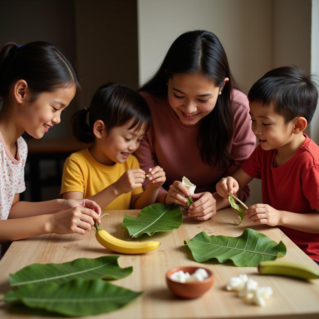 Gia đình cùng làm đồ chơi từ lá chuối