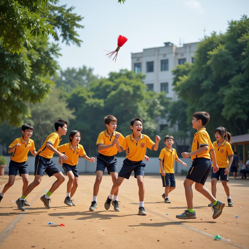 Học sinh chơi đá cầu và nhảy dây trong sân trường