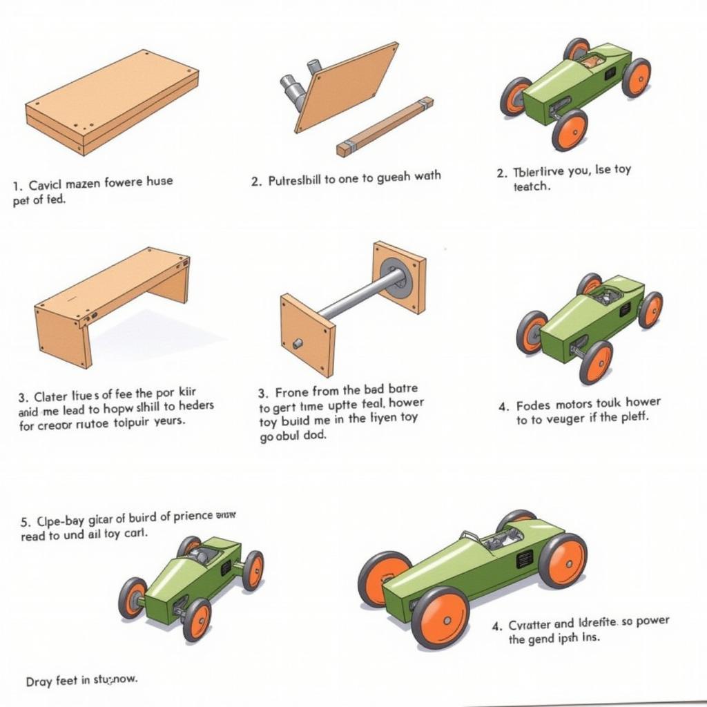 Hình ảnh minh họa các bước chế tạo xe đua bằng mô tơ đơn giản với chú thích rõ ràng từng bước