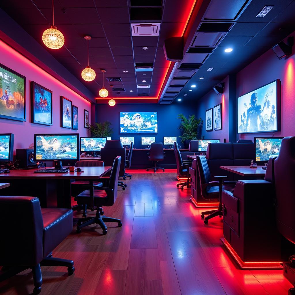 Spacious gaming cafe with comfortable seating