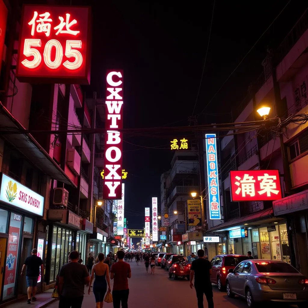 Quang cảnh khu vui chơi đêm Bangkok Soi Cowboy với ánh đèn neon rực rỡ