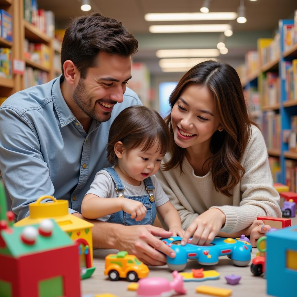 Parents choosing toys for their child in a store