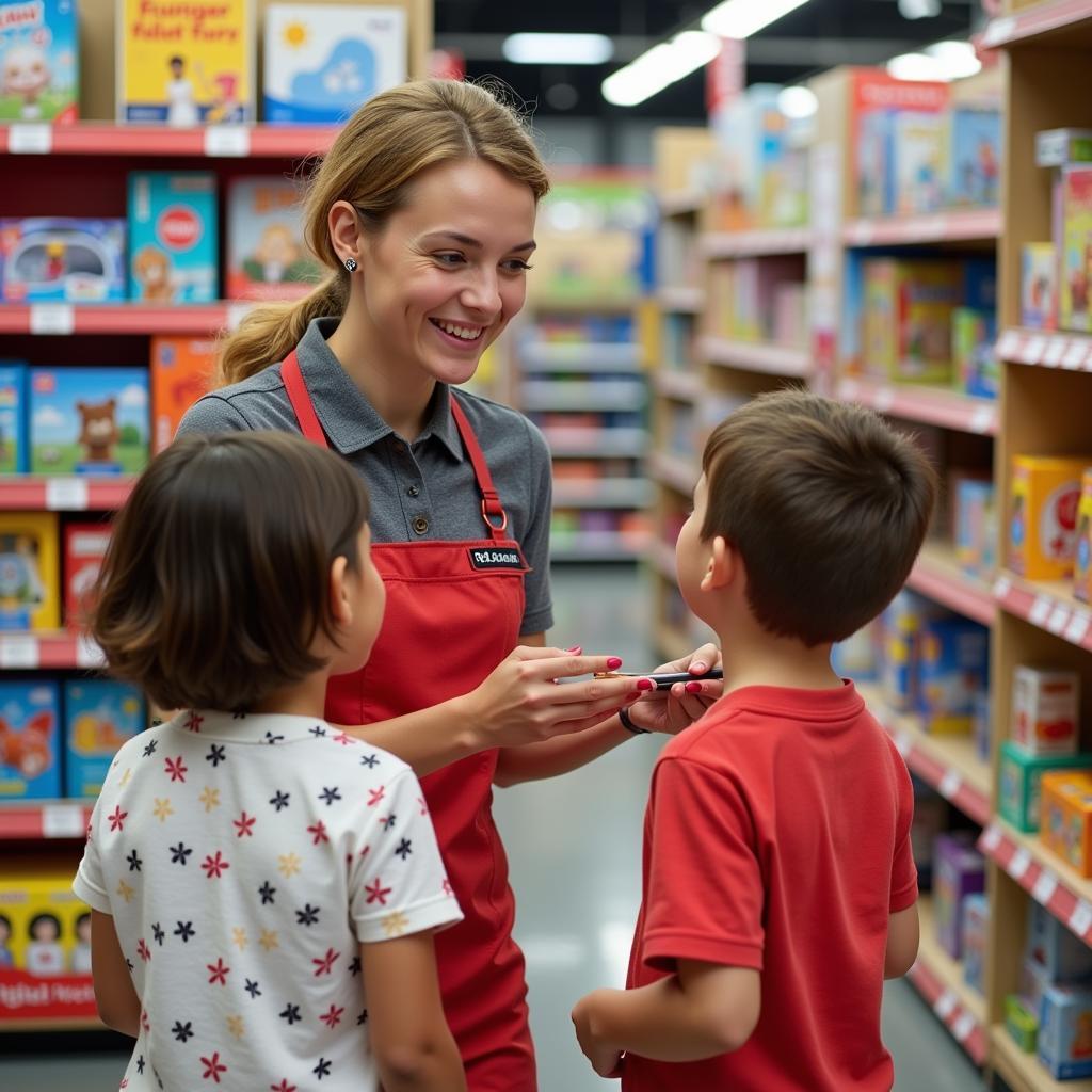 Friendly staff assisting customers in a toy store