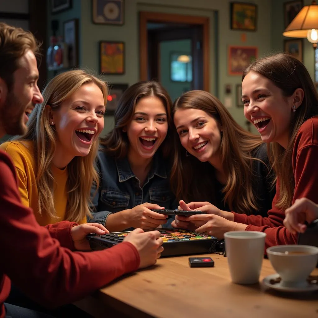 Group of friends enjoying a 4-button gaming session.