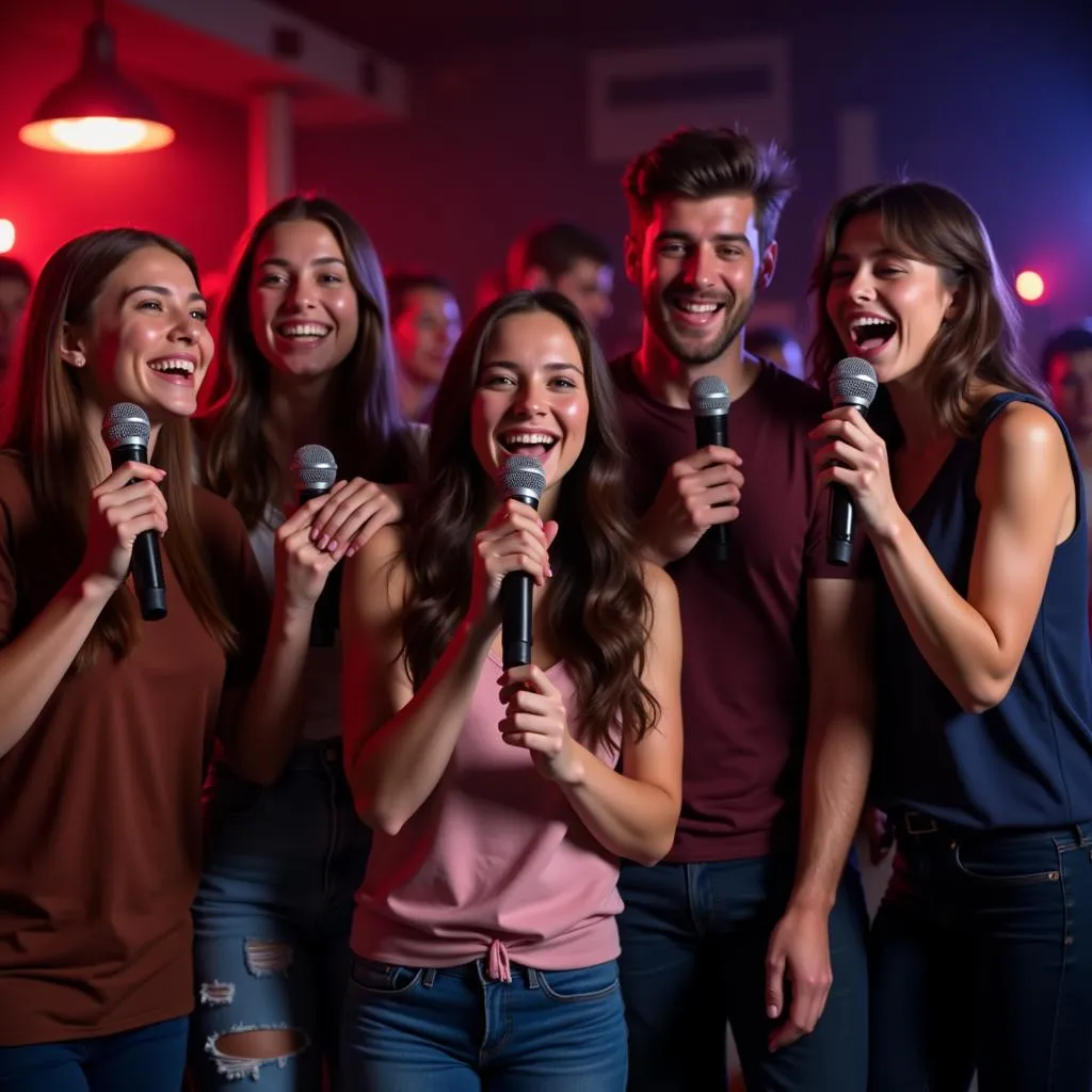 Nhóm bạn trẻ vui vẻ hát karaoke