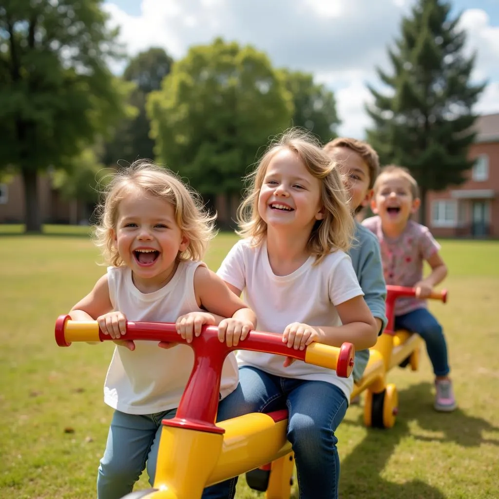 A group of children laughing and playing on a seesaw together