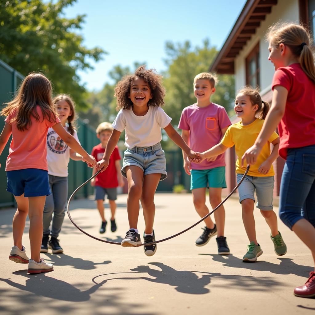 Children playing jump rope in the school yard