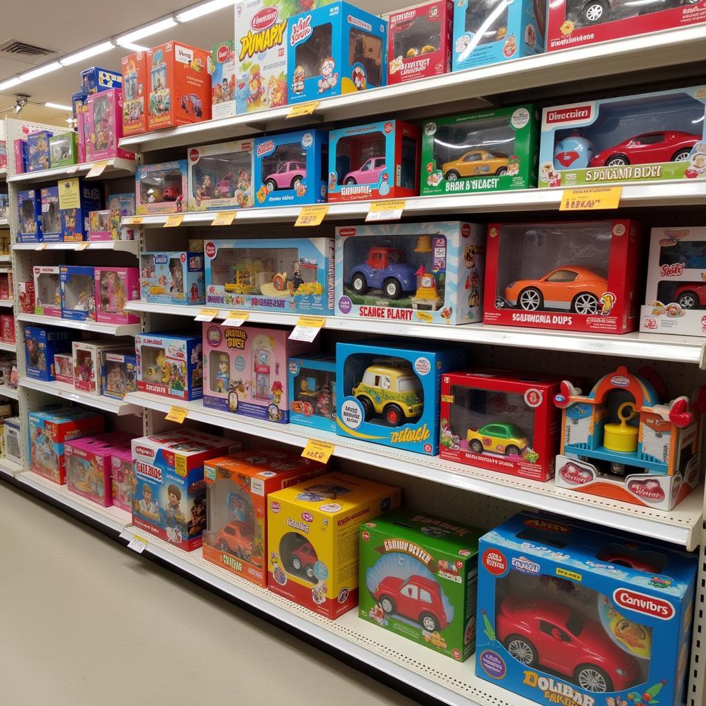 Well-organized toy store shelves with clear category signs