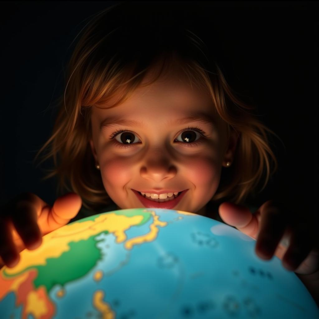 A child looking at a globe with wonder