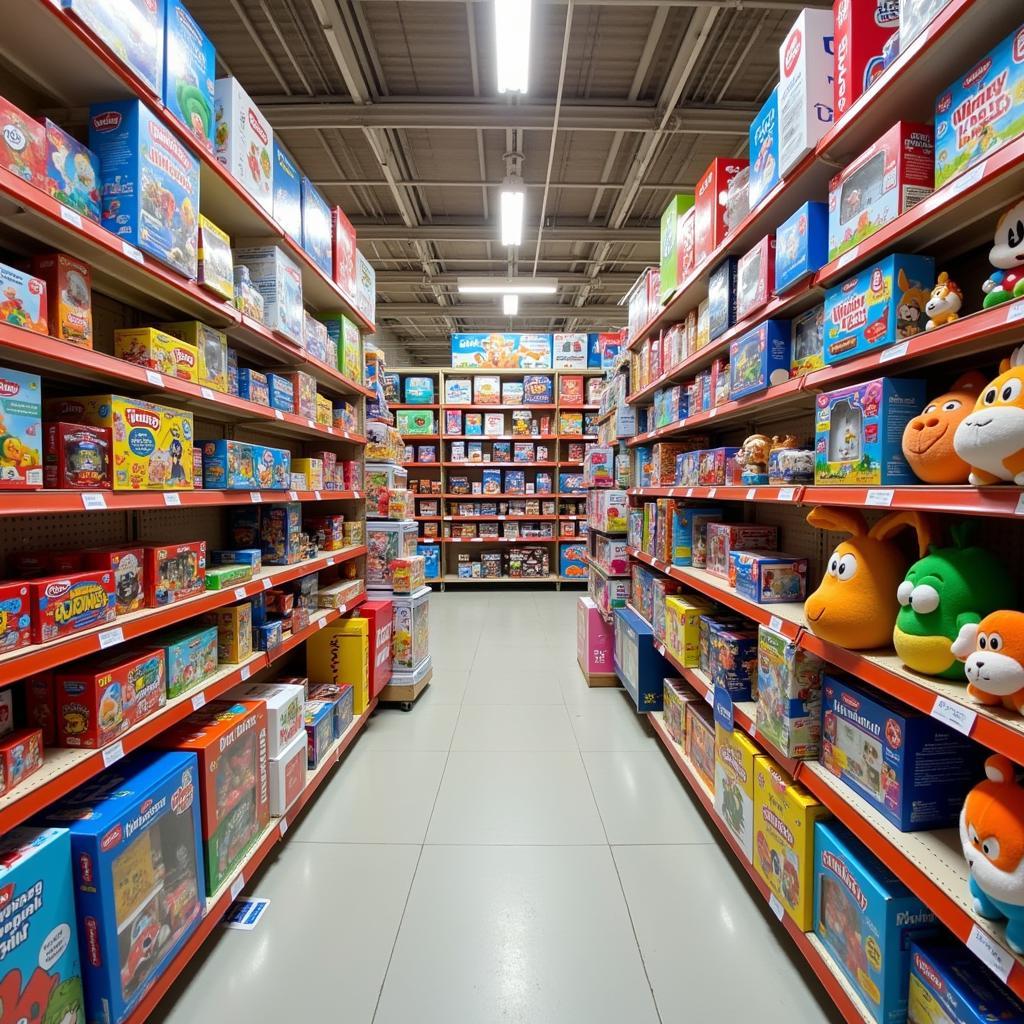 Colorful toys on shelves in a toy store