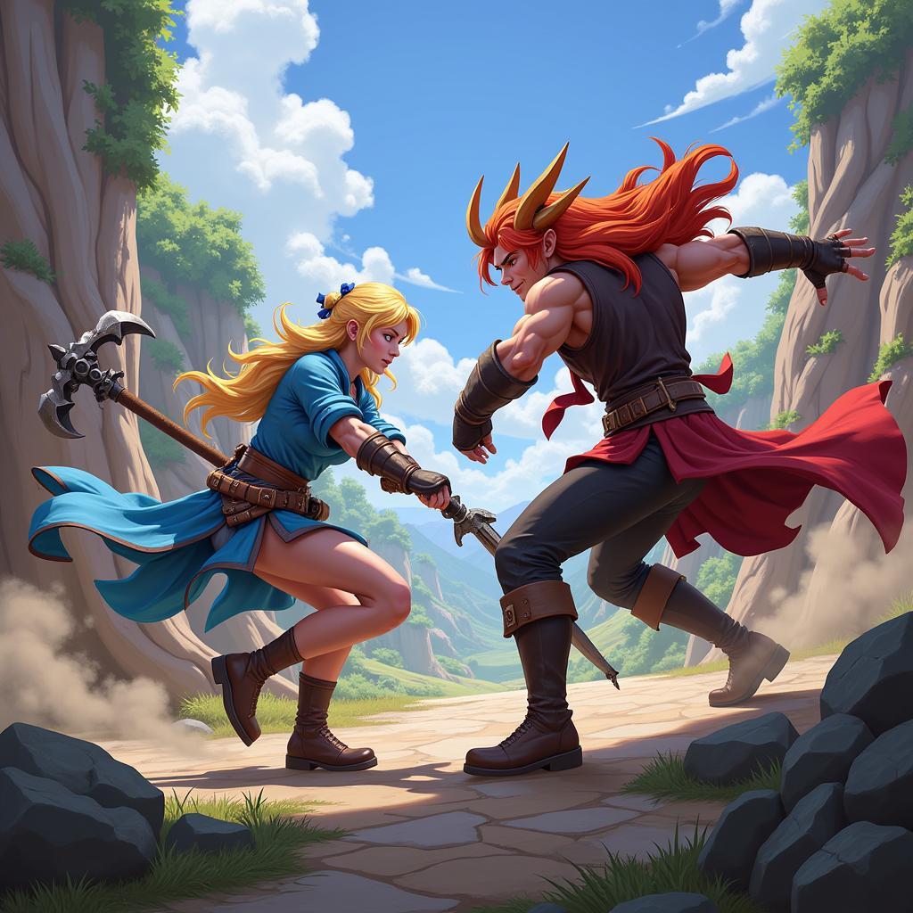 Game characters battling in a fantasy setting