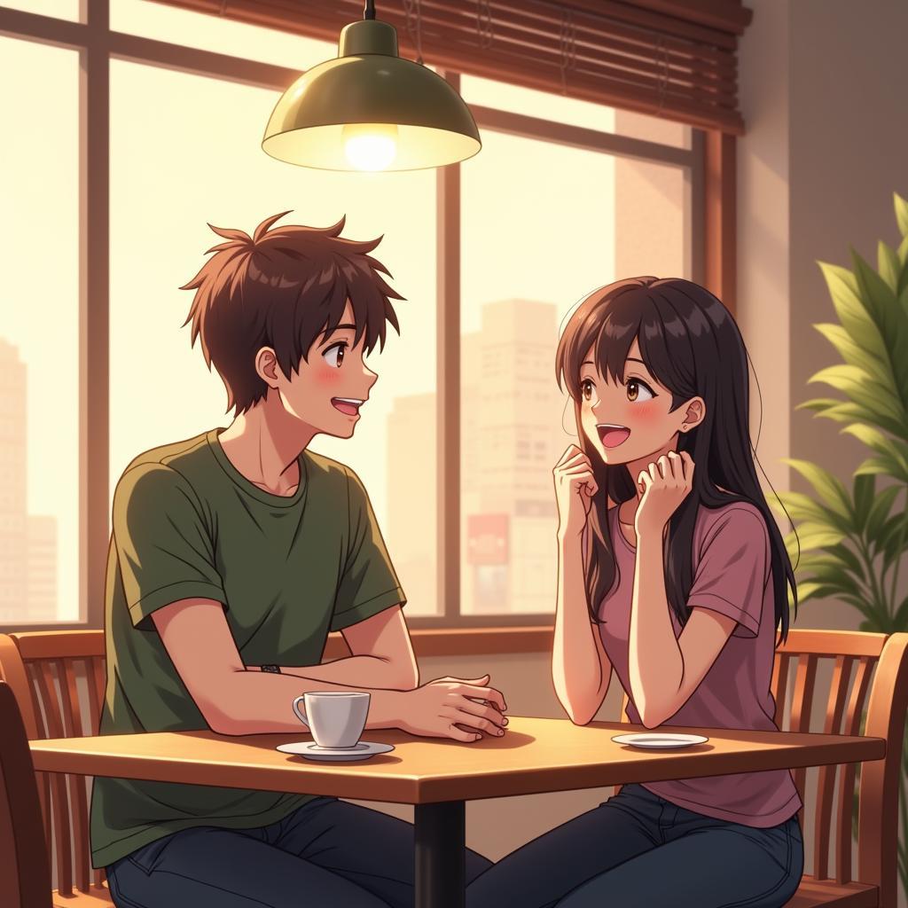 Cặp đôi anime đang cười nói vui vẻ trong quán cafe