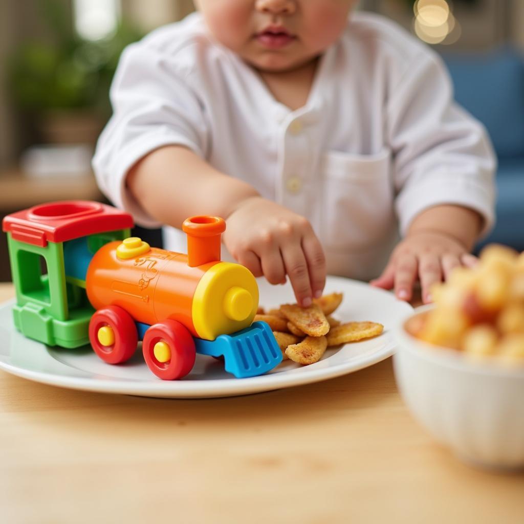 Baby playing with toy train while eating