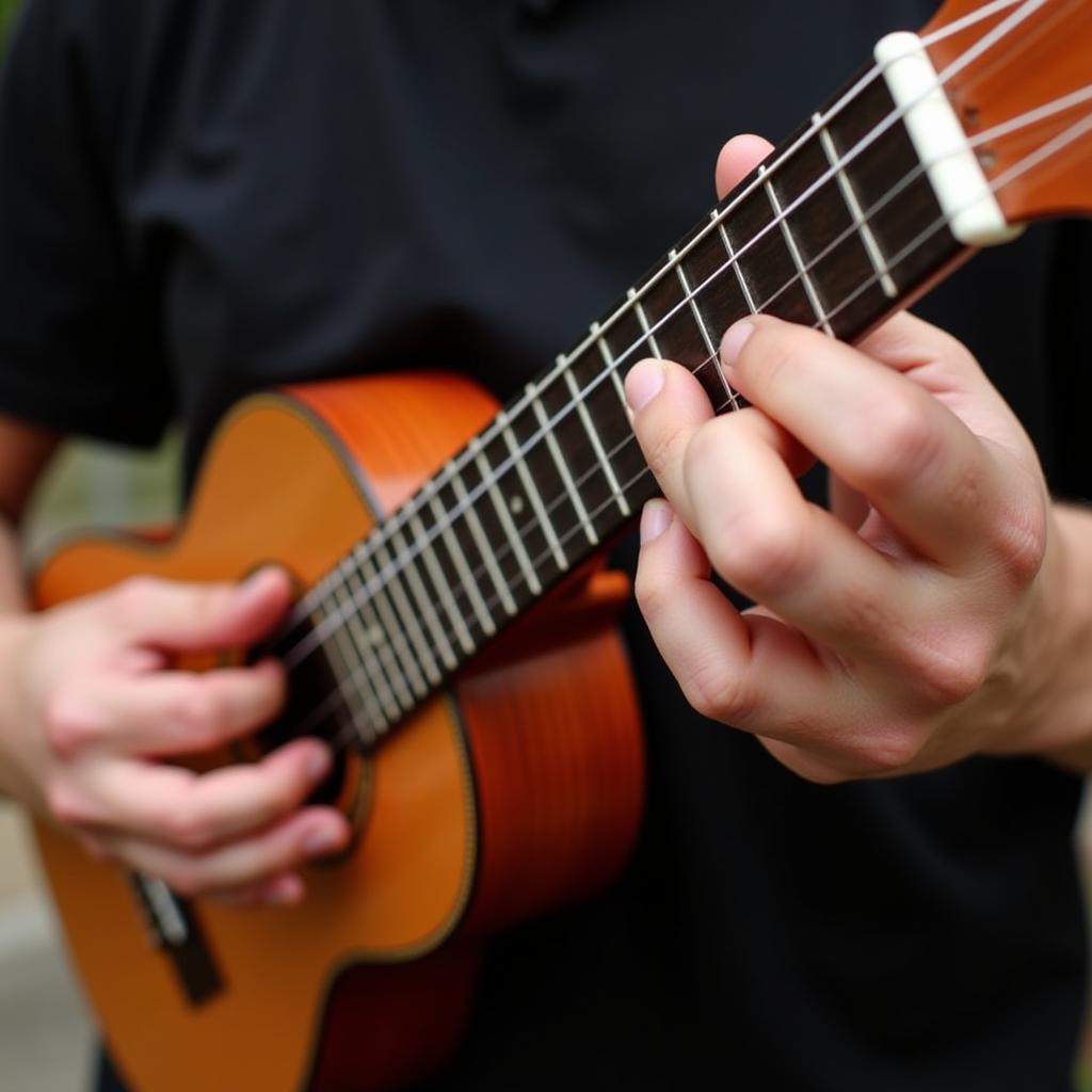 Người chơi đang sử dụng capo để chơi ukulele