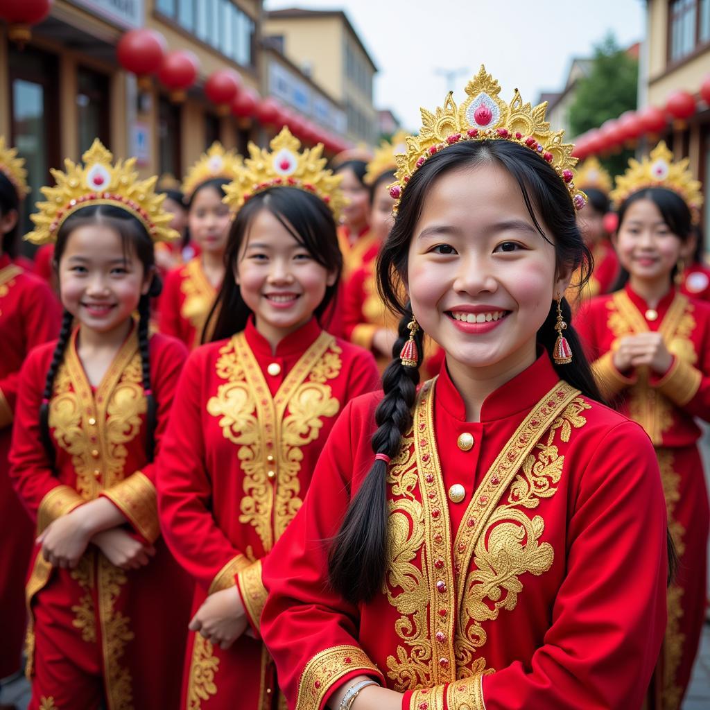 Hình ảnh người dân Thái Bình trong trang phục truyền thống tham gia lễ hội với nụ cười rạng rỡ.