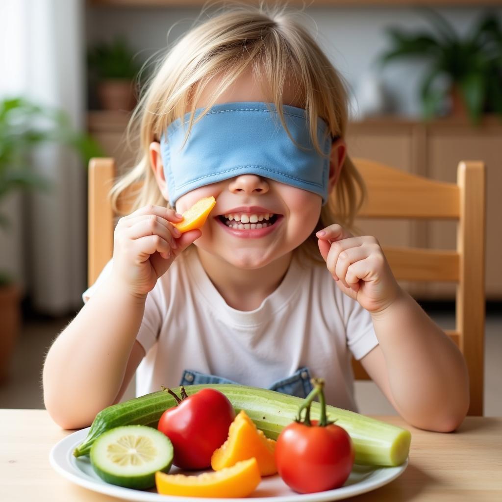 Blindfolded child tasting food