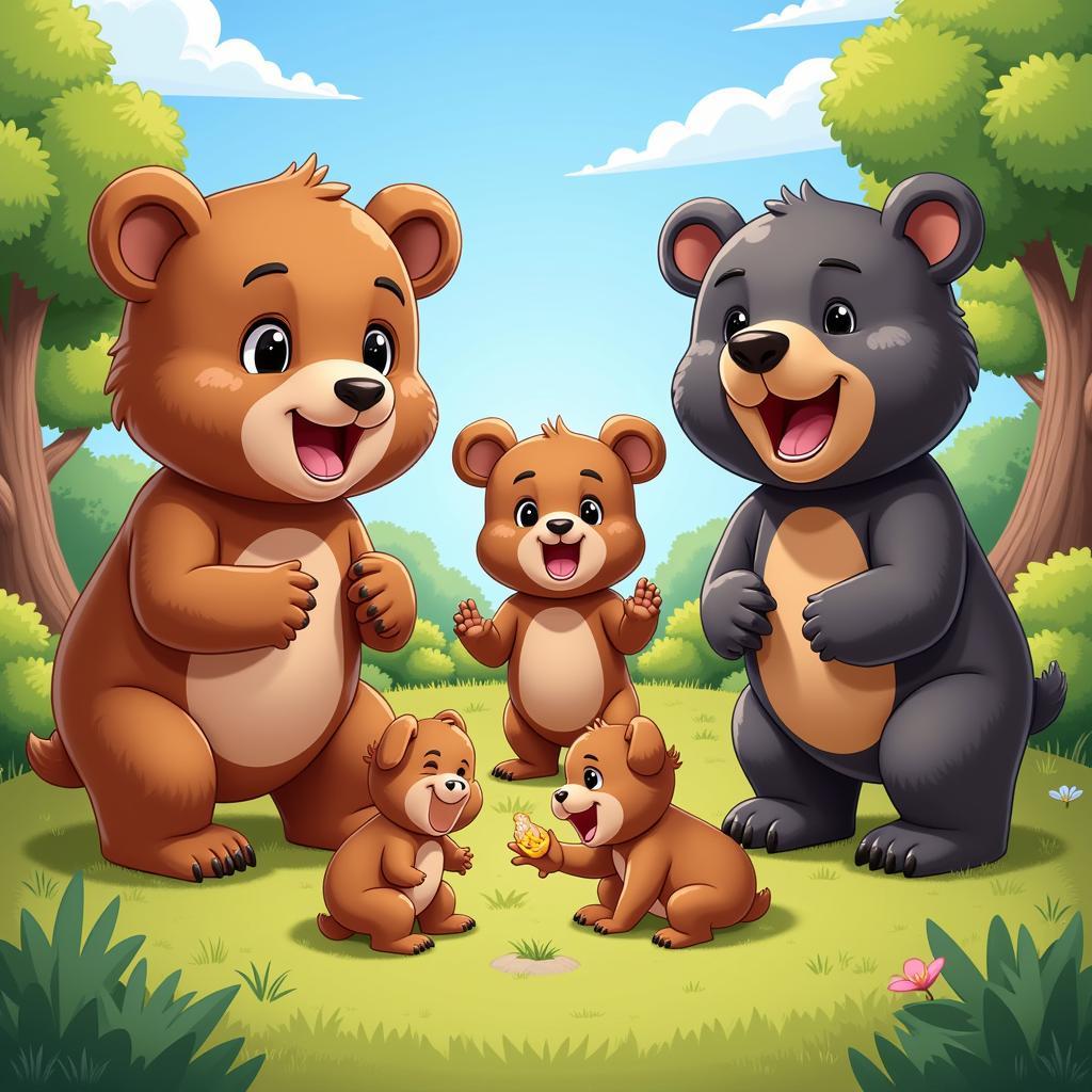 Trải nghiệm Bear vs Babies: Hình ảnh nhóm bạn chơi game, không khí vui vẻ, hào hứng.