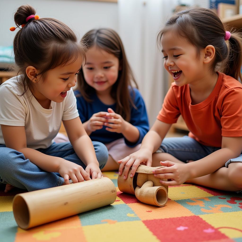 Children playing with toy bun in bamboo tube