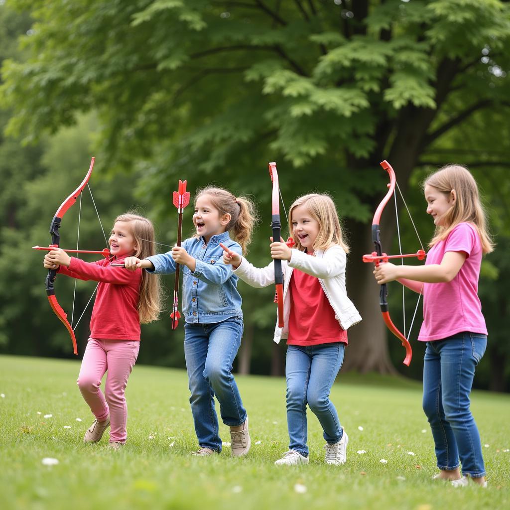 Children Playing with Toy Bows and Arrows Outdoors