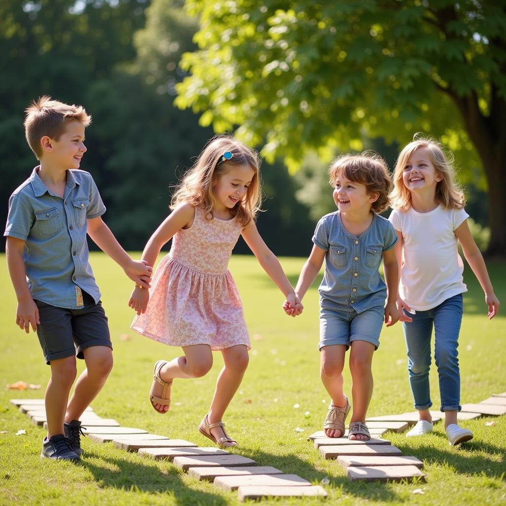 Group of children playing hopscotch together