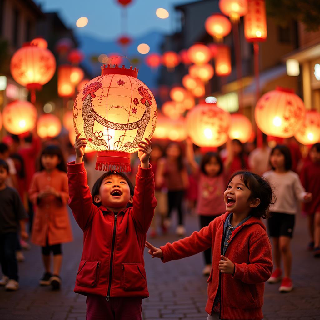 Children parading with lanterns during Mid-Autumn Festival